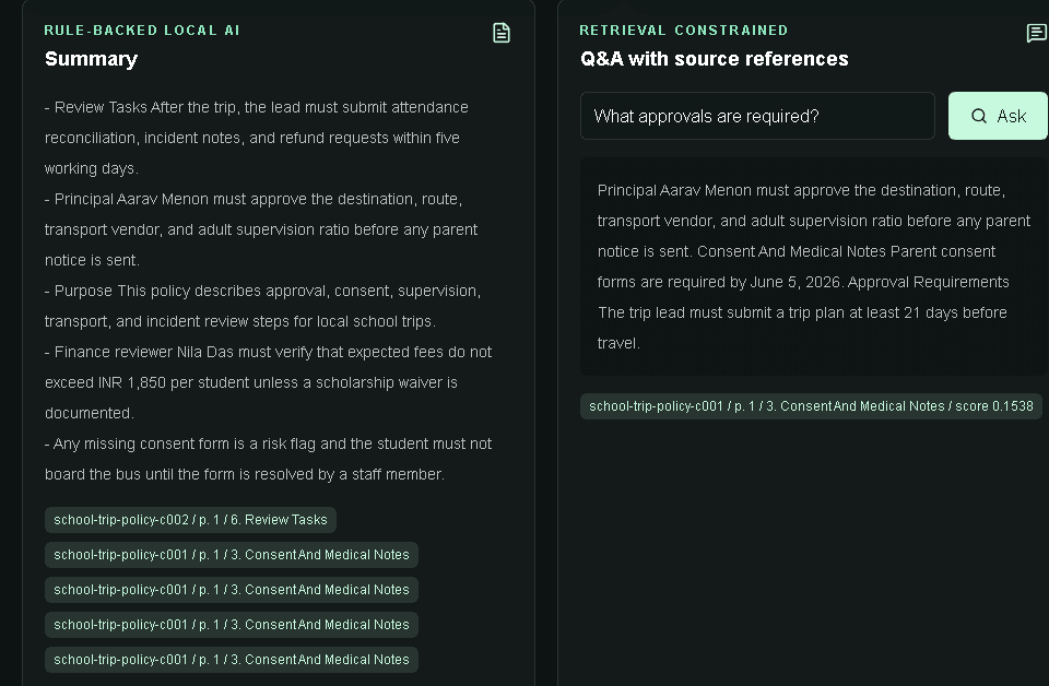 DocSense summary and question-answer interface with demonstration citations and review cues.