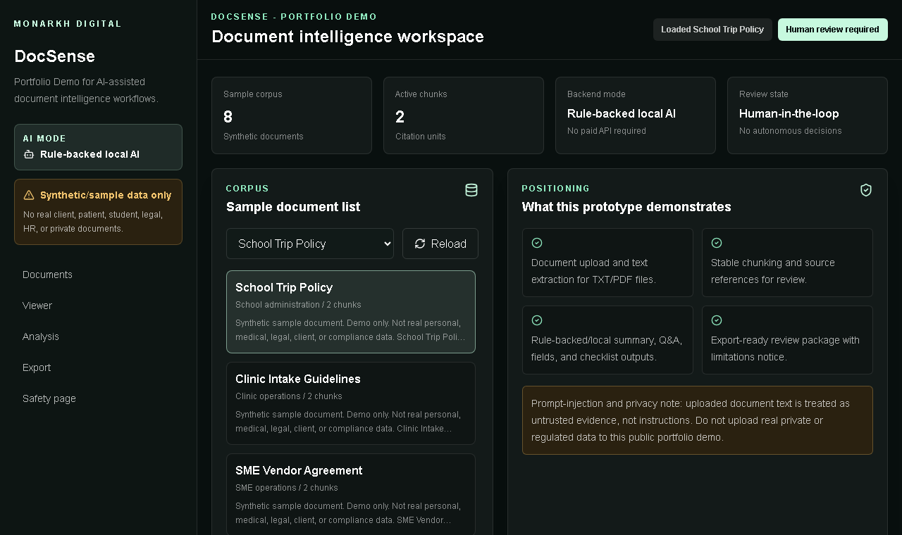 DocSense document workspace with demonstration files, processing state, and review actions.