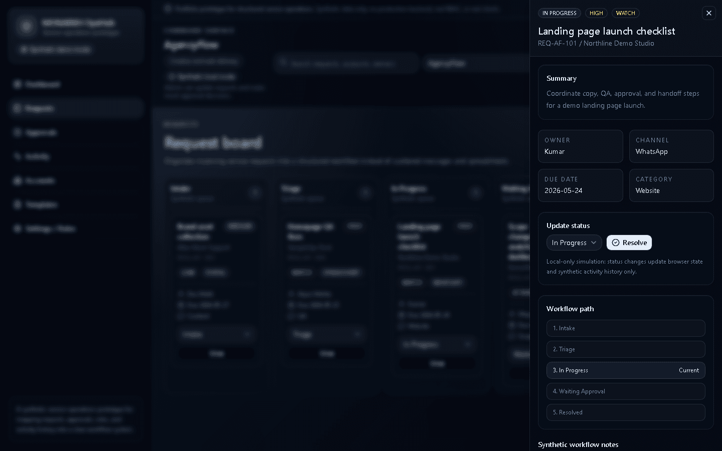 OpsHub request detail sheet with synthetic metadata and local workflow actions.